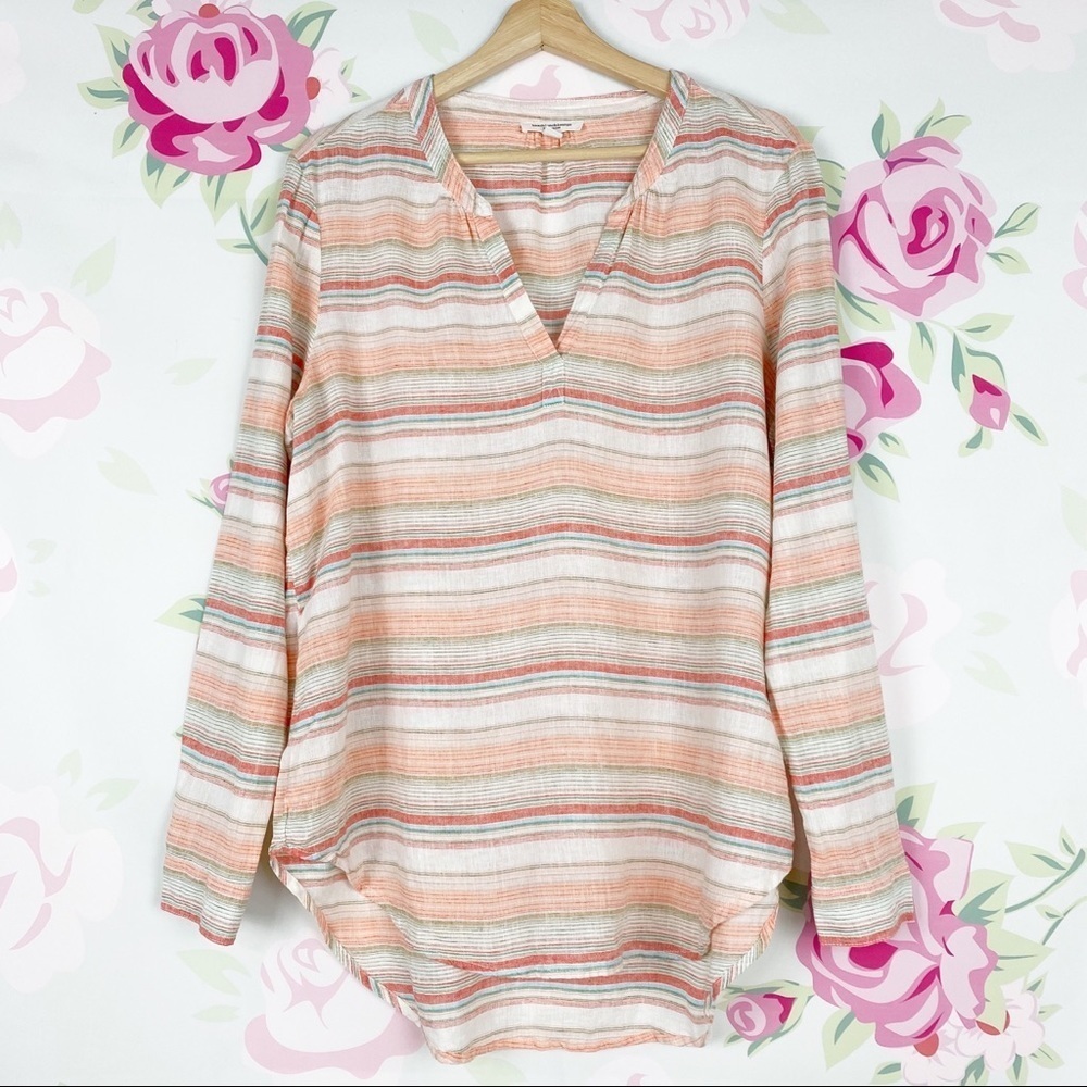 BeachLunchLounge Orange Peach Stripe Linen Blend Blouse L
